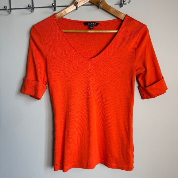 Lauren Ralph‎ Lauren 1/2 Sleeve T-Shirt Top Orange Small Preppy V-Neck Office - Picture 1 of 12